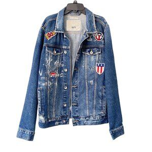 Zara Men 1975 Size L Denim Jacket Patches Distressed Style Button Up Outerwear